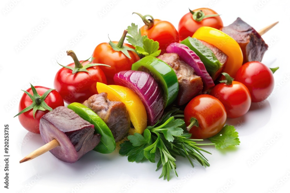 Juicy beef and colorful vegetables, including cherry tomatoes, onions, and bell peppers, are perfectly arranged on a single skewer, isolated on a white background. Juicy beef and colorful vegetables, including cherry tomatoes, onions, and bell peppers, are perfectly arranged on a single skewer, isolated on a white background.