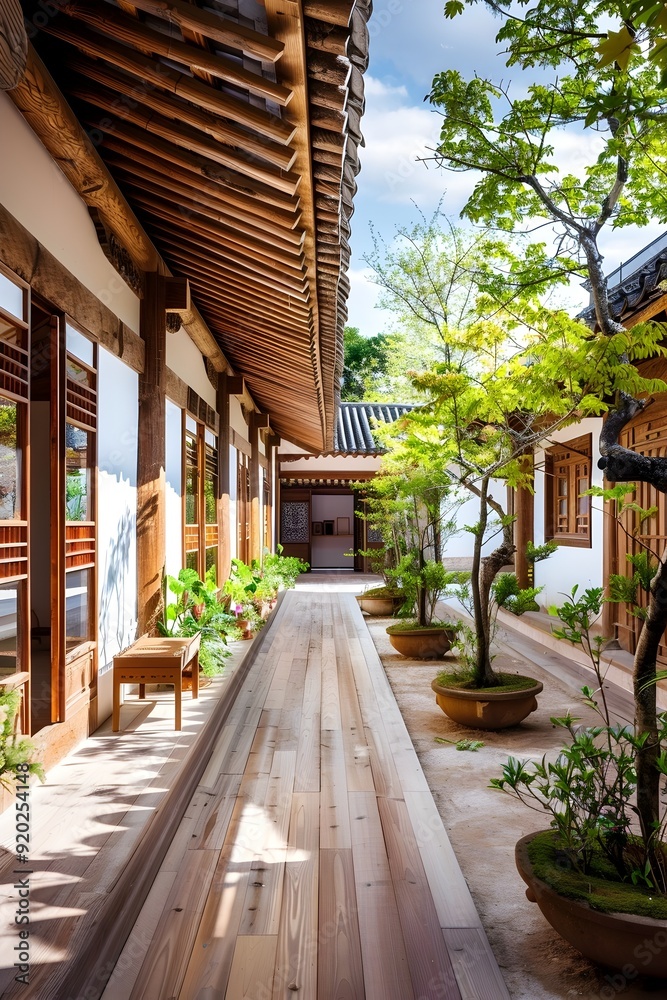 Traditional Japanese Courtyard with Wooden Walkway. Traditional Japanese Courtyard with Wooden Walkway.