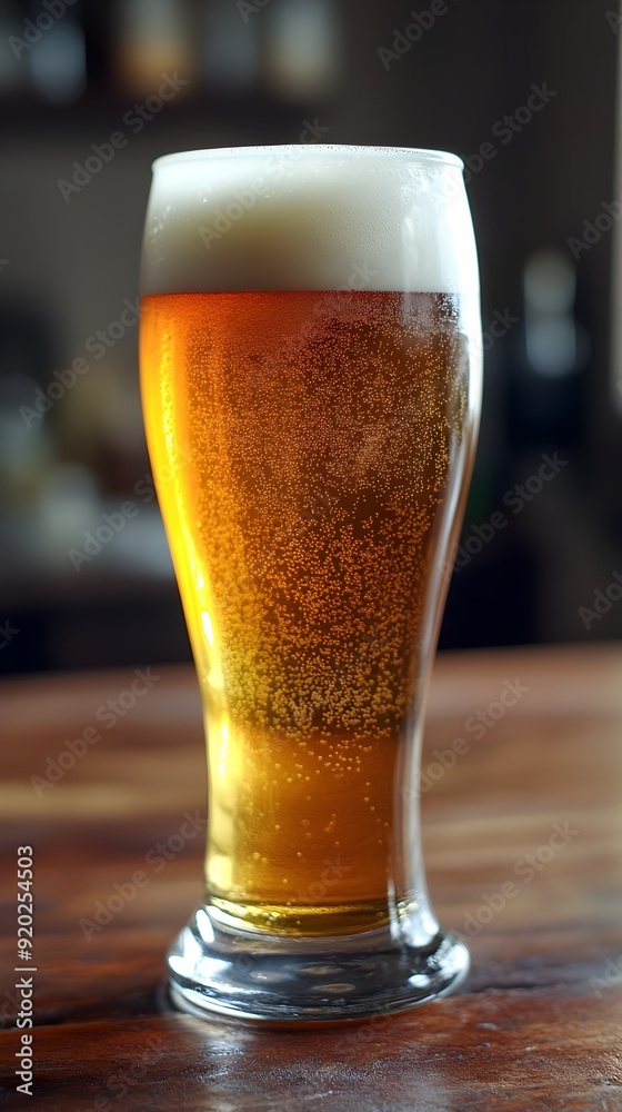 Chilled Amber Beer in a Tall Glass on Wooden Surface Chilled Amber Beer in a Tall Glass on Wooden Surface