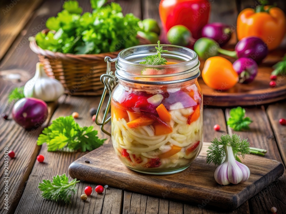 Glass container filled with colorful probiotic-rich fermented vegetables, surrounded by fresh herbs and fruits, on a rustic wooden table, with natural light. Glass container filled with colorful probiotic-rich fermented vegetables, surrounded by fresh herbs and fruits, on a rustic wooden table, with natural light.