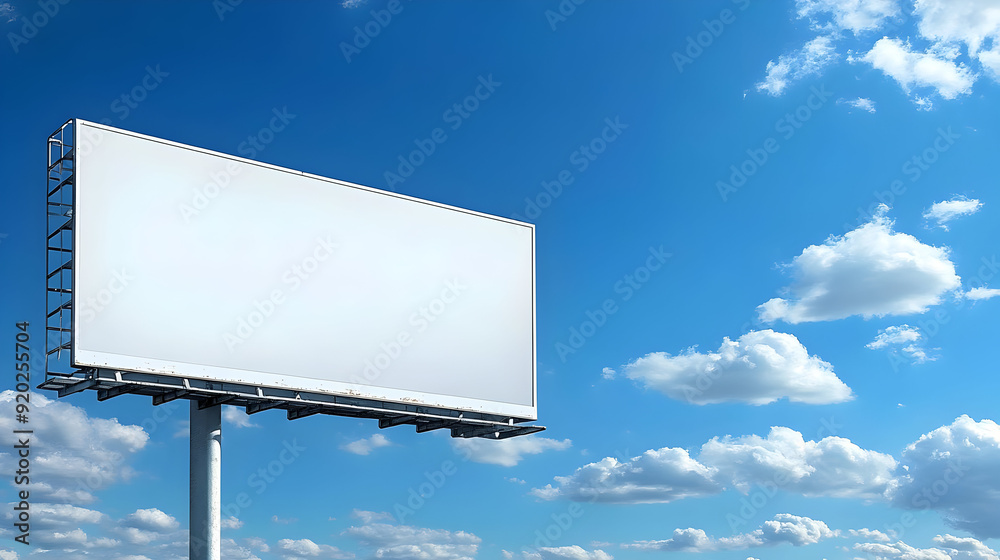 A blank billboard against a blue sky with clouds, awaiting advertisement content. A blank billboard against a blue sky with clouds, awaiting advertisement content.