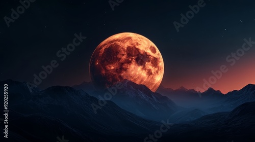  A red full moon hovers above mountain ranges at night Red moon dominates the mid-sky