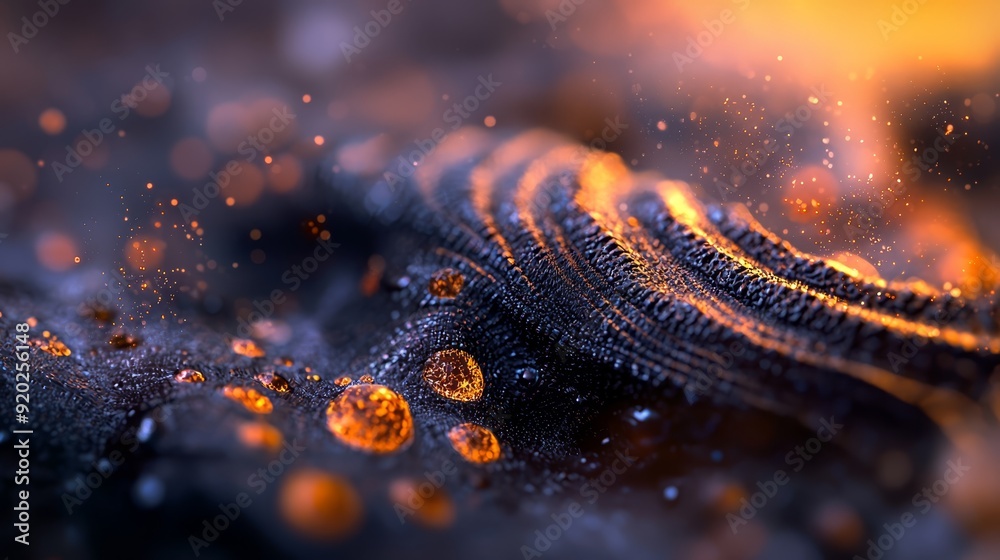 A tight shot of a black and orange object, adorned with water droplets at its base