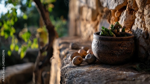  A potted plant atop a stone wall, adjacent to a tree and a stack of mushrooms