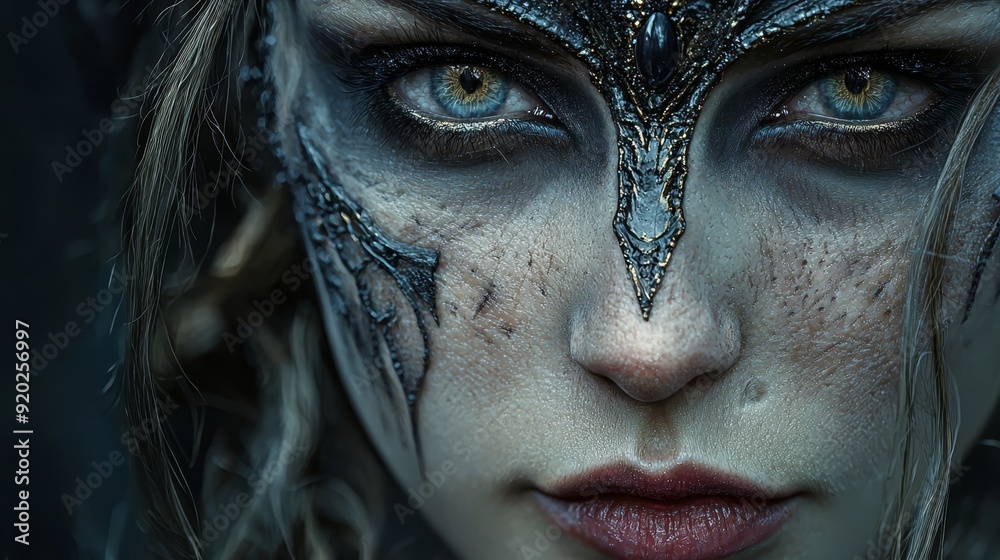 A tight shot of a woman's face with captivating blue eyes and an imposing dragon-like headdress A tight shot of a woman's face with captivating blue eyes and an imposing dragon-like headdress