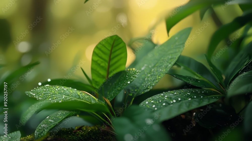 A tight shot of a green plant, dewdrops adorning its leaves, backdrop softly blurred A tight shot of a green plant, dewdrops adorning its leaves, backdrop softly blurred