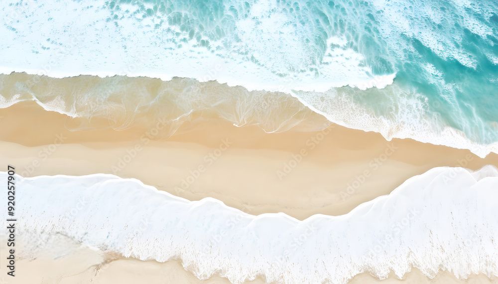 Obraz premium Aerial view of calm ocean waves gently rolling onto a pristine sandy beach, offering a peaceful and soothing atmosphere.