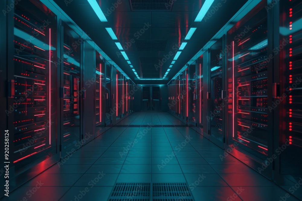 Fototapeta premium A sleek, modern data center showcasing captivating vibrant blue and red neon lighting effects throughout its design