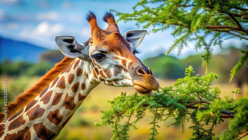 Fototapeta premium A curious giraffe's soft blue-black tongue darts in and out, plucking tender leaves from a thorny acacia tree branch in a serene African savannah setting.