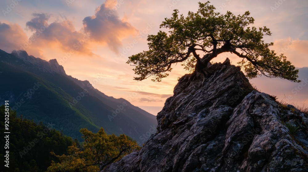 A solitary tree atop a vast boulder in a valley's heart, encircled by mountains A solitary tree atop a vast boulder in a valley's heart, encircled by mountains