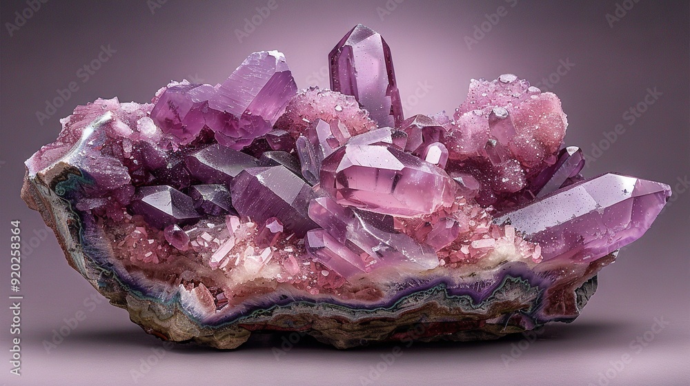 A group of crystals resting atop a sheet of purple paper on top of a purplish-white background A group of crystals resting atop a sheet of purple paper on top of a purplish-white background