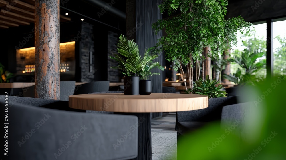 A room adorned with a table and chairs, surrounded by abundant plant life on walls and tables A room adorned with a table and chairs, surrounded by abundant plant life on walls and tables