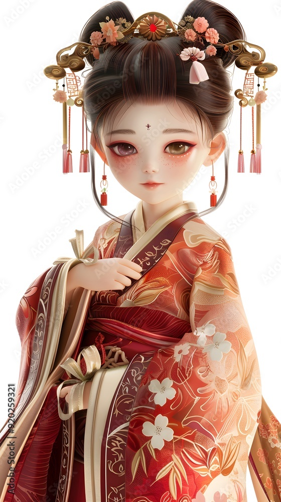 Adorable 3D character of a beautiful woman in traditional Hanfu, set against a white background, showcasing her Asian heritage. This charming design captures the playful essence of cultural attire, ma Adorable 3D character of a beautiful woman in traditional Hanfu, set against a white background, showcasing her Asian heritage. This charming design captures the playful essence of cultural attire, ma