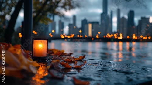  A lit candle at water's edge before a city skyline backdrop