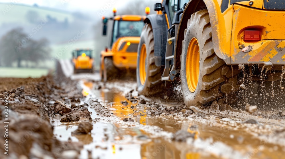 Backhoe and Vibro Compactor Collaborate at Rural Road Construction Site Backhoe and Vibro Compactor Collaborate at Rural Road Construction Site