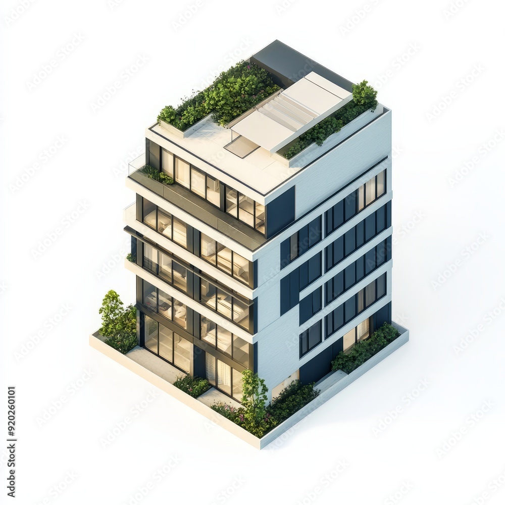 3D Render of a sleek urban condo with a modern exterior and minimalistic design. Miniature, on isolated white background 3D Render of a sleek urban condo with a modern exterior and minimalistic design. Miniature, on isolated white background