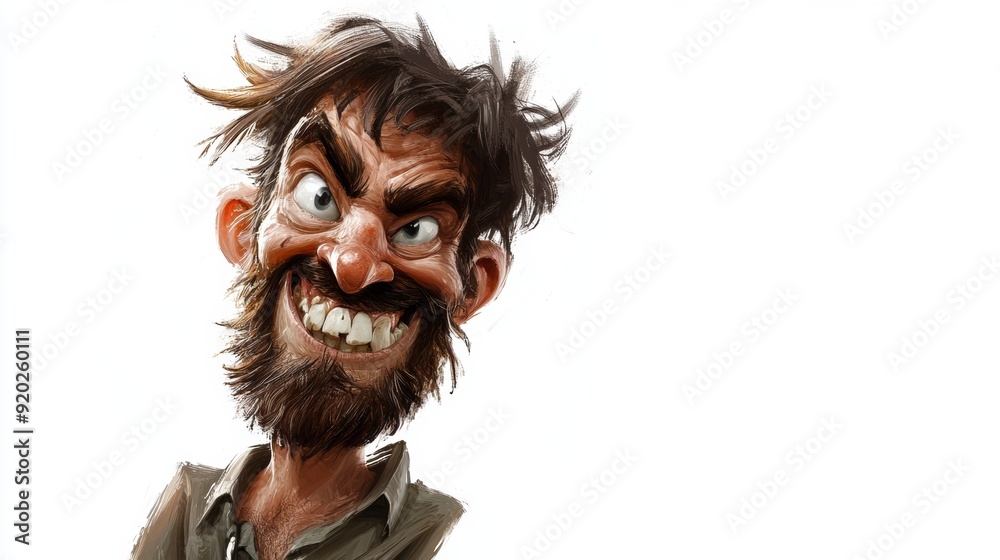 A cartoon portrait of a man with a mischievous grin. He has a scraggly beard, messy hair, and is wearing a green collared shirt.