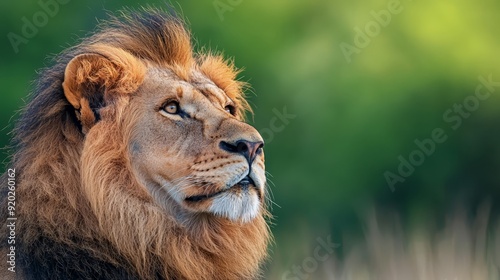  A tight shot of a lion's expressive face against a hazy backdrop of grasses and trees