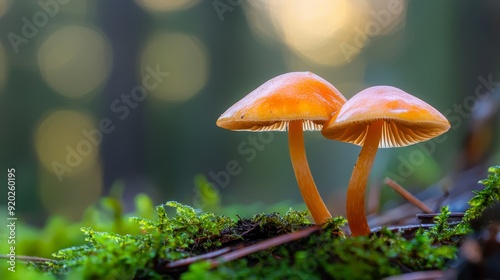  A few orange mushrooms atop a green moss-covered forest, teeming with lichen and abundant leaves