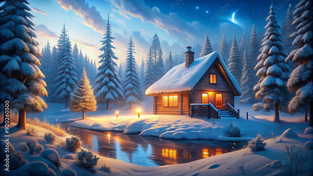 Cozy cabin nestled in snowy forest, twinkling lights illuminate winter wonderland Cozy cabin nestled in snowy forest, twinkling lights illuminate winter wonderland