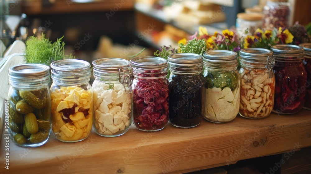 A beautifully arranged display of assorted fermented foods in glass jars, highlighting their natural fermentation process. A beautifully arranged display of assorted fermented foods in glass jars, highlighting their natural fermentation process.