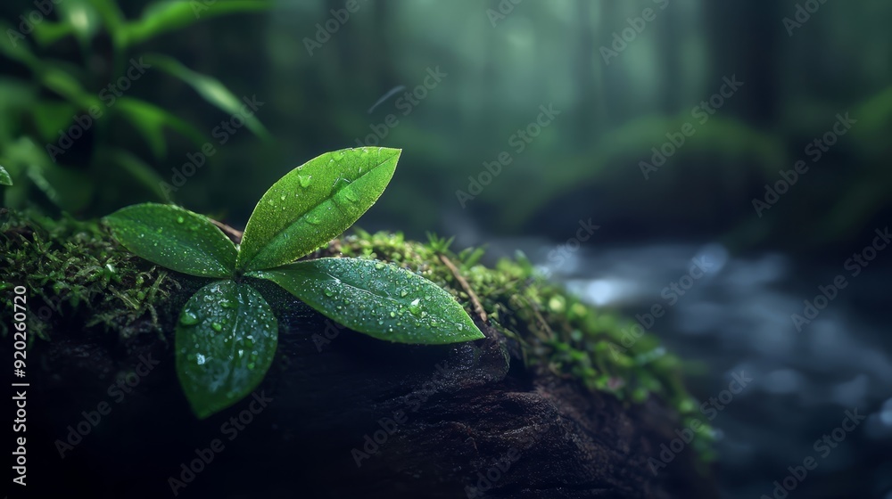 A green leaf atop a moss-covered rock by a forested river's edge A green leaf atop a moss-covered rock by a forested river's edge