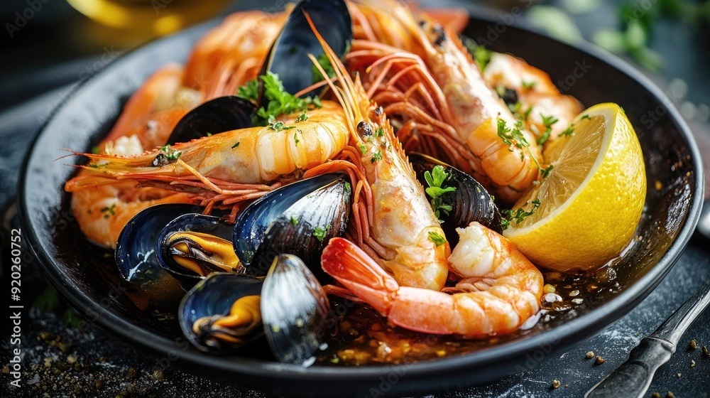 A beautifully presented seafood dish of shrimp and mussels with lemon, ready to be enjoyed at a restaurant. A beautifully presented seafood dish of shrimp and mussels with lemon, ready to be enjoyed at a restaurant.