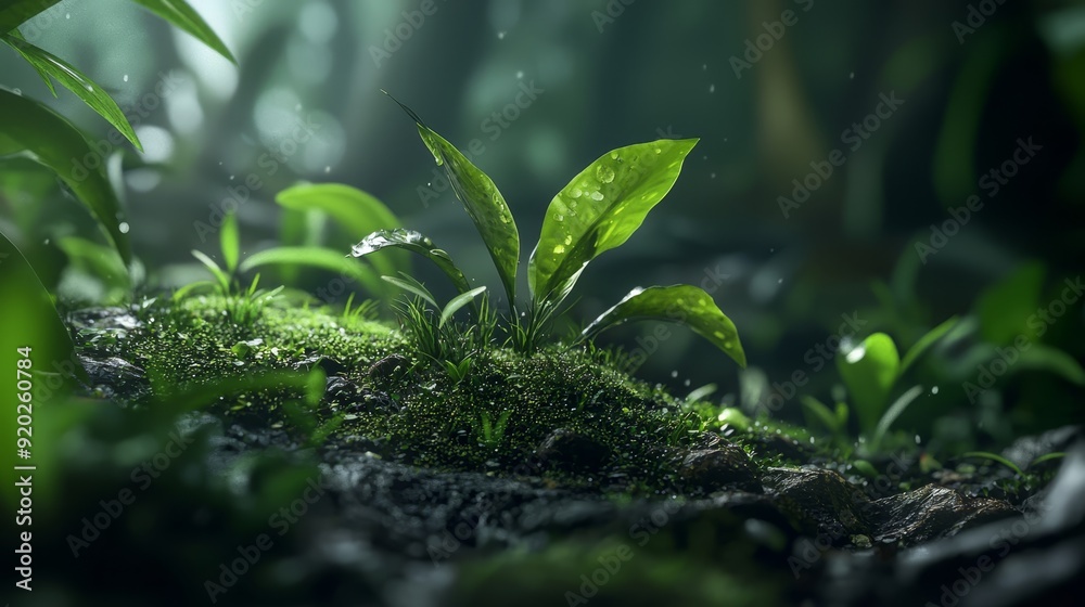 A tight shot of a tiny green plant against a mossy forest floor, specked with raindrops on its leaves A tight shot of a tiny green plant against a mossy forest floor, specked with raindrops on its leaves