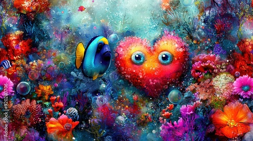  Two heart-shaped fish swim in a sea of flowers and coral with countless bubbles in the crystal-clear water