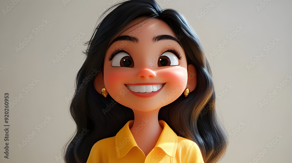 A cheerful animated character with long hair, wearing a yellow shirt and smiling brightly. A cheerful animated character with long hair, wearing a yellow shirt and smiling brightly.