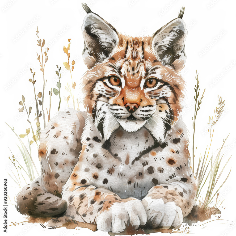 Fototapeta premium Watercolor Illustration of Lynx in Natural Habitat