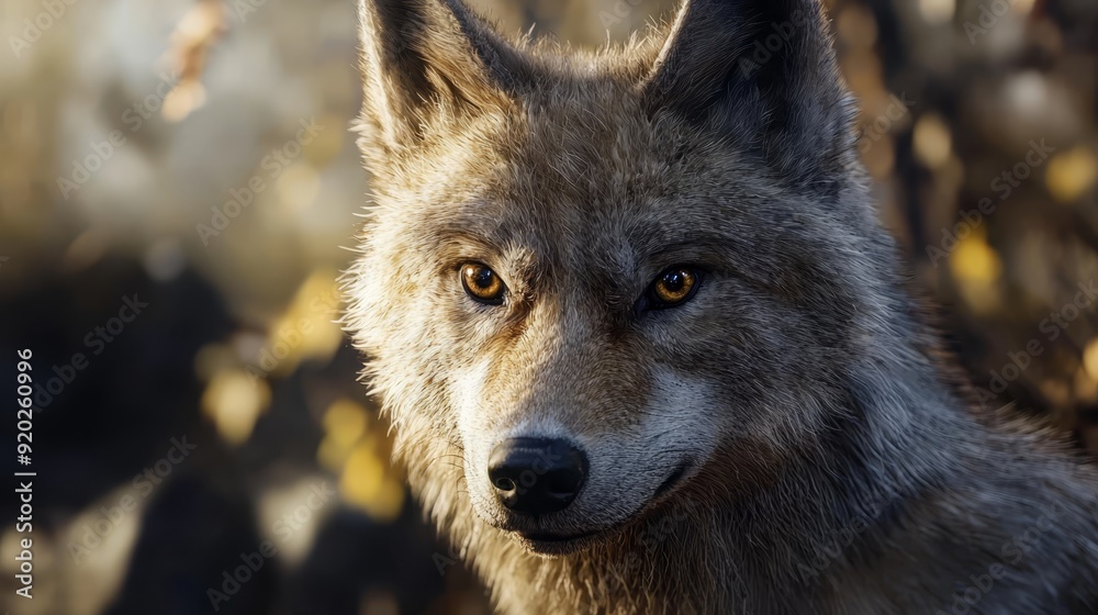 A tight shot of a wolf's expression, surrounded by a hazy backdrop of trees and foliage A tight shot of a wolf's expression, surrounded by a hazy backdrop of trees and foliage
