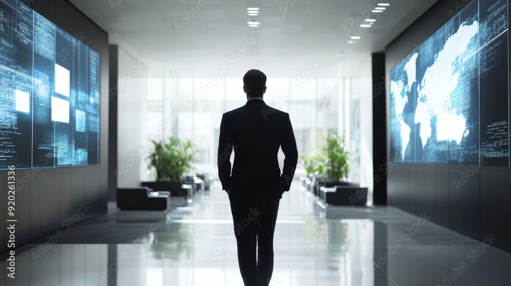 Fototapeta premium Modern Leadership in Minimalist Office with Digital Art Displays