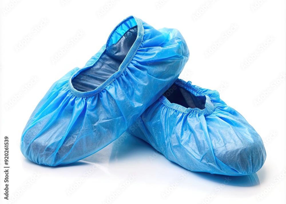 Crisp blue shoe covers lying isolated on a white background, symbolizing sterilization and hygiene in a medical or healthcare environment. Crisp blue shoe covers lying isolated on a white background, symbolizing sterilization and hygiene in a medical or healthcare environment.