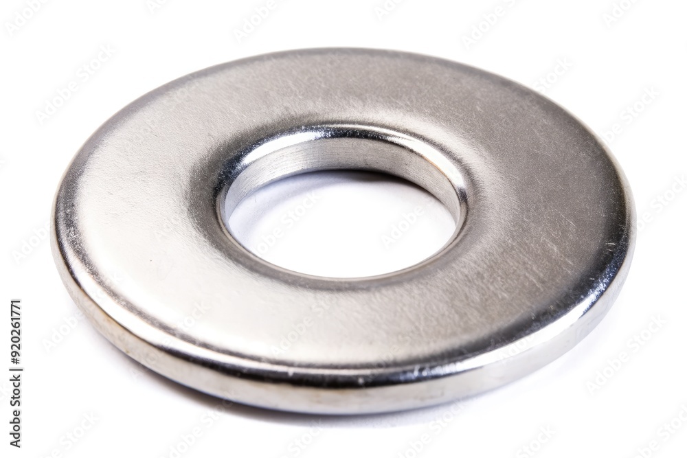 Close-up of a shiny steel washer with a raised edge and hole in center, isolated on a white background, showcasing industrial metal hardware detail. Close-up of a shiny steel washer with a raised edge and hole in center, isolated on a white background, showcasing industrial metal hardware detail.