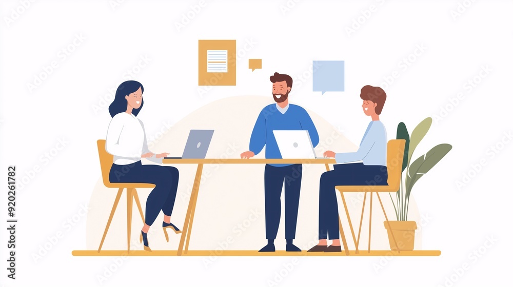 Collaborative Synergy: A team engaged in productive discussion around a shared workspace, laptops open and ideas flowing. Collaborative Synergy: A team engaged in productive discussion around a shared workspace, laptops open and ideas flowing.
