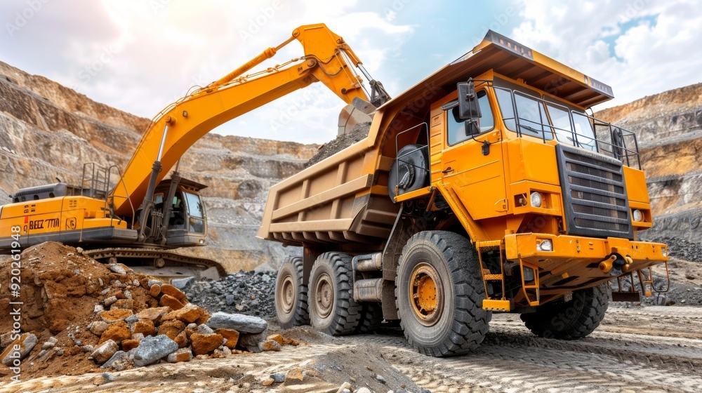 Massive Mining Machinery in an Expansive Quarry Landscape