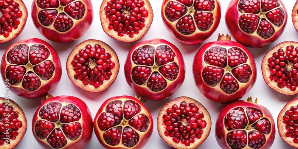 Vibrant red pomegranate halves with juicy arils and subtle shadows, set on a seamless white background, perfect for healthy food, fruit, and wellness designs. Vibrant red pomegranate halves with juicy arils and subtle shadows, set on a seamless white background, perfect for healthy food, fruit, and wellness designs.