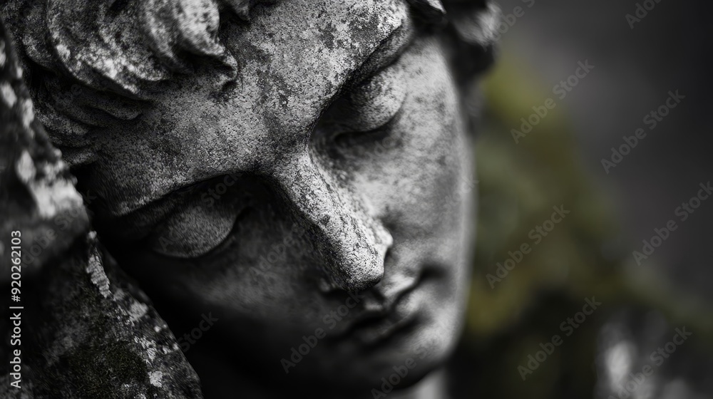 A black-and-white image of a woman's statued head with closed eyes A black-and-white image of a woman's statued head with closed eyes