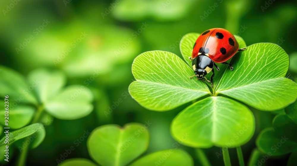 A close-up of a ladybug making its way across a four-leaf clover, with the green leaves contrasting against the red shell. A close-up of a ladybug making its way across a four-leaf clover, with the green leaves contrasting against the red shell.