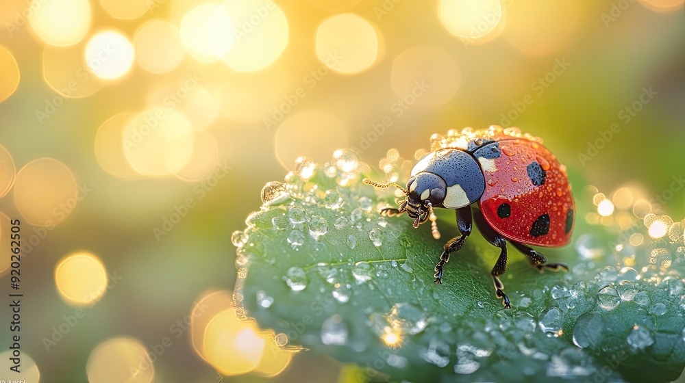 A close-up of a ladybug sitting on a green leaf with droplets of water glistening in the sunlight. A close-up of a ladybug sitting on a green leaf with droplets of water glistening in the sunlight.