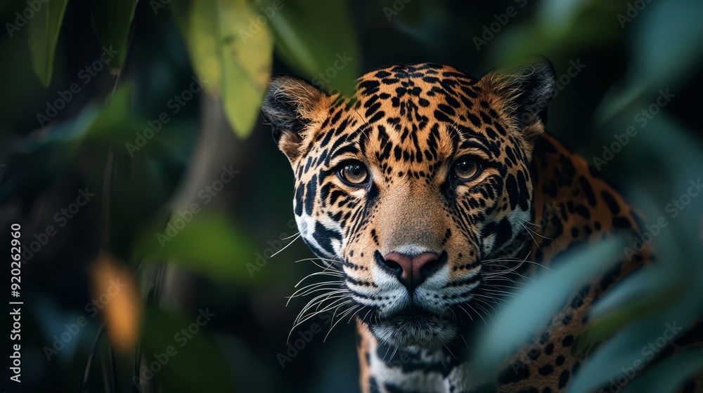 A tight shot of a leopard's face peering through tree leaves, blurred backdrop A tight shot of a leopard's face peering through tree leaves, blurred backdrop