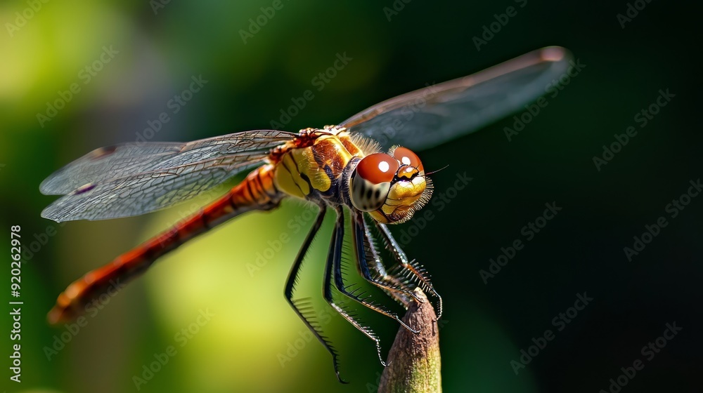 A red and yellow dragonfly, in tight focus, perched atop a plant against a softly blurred backdrop of green foliage A red and yellow dragonfly, in tight focus, perched atop a plant against a softly blurred backdrop of green foliage