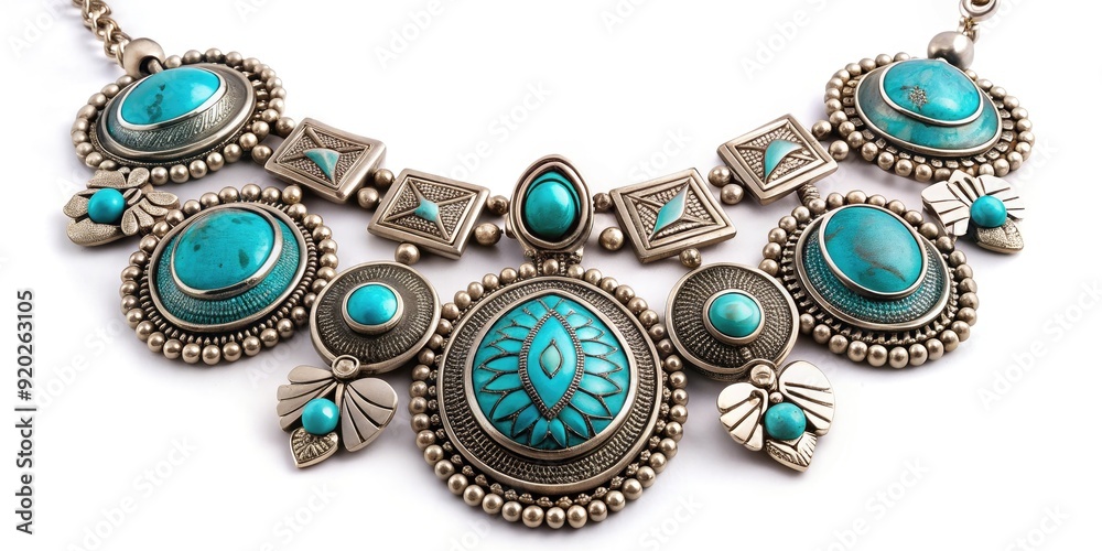 Obraz premium Intricately designed turquoise and silver necklace adorned with traditional patterns and symbols, showcasing the rich cultural heritage of Native American craftsmanship and artisanal expertise.