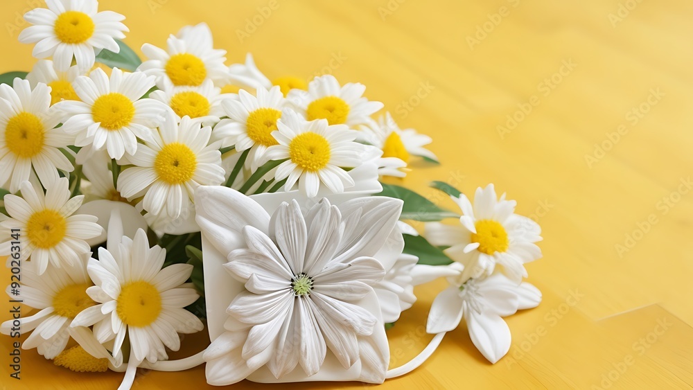 Obraz premium Chamomile flowers and gift or present box on yellow background. 