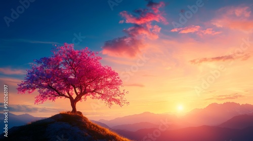 A vibrant pink tree silhouetted against a stunning sunset with colorful clouds and majestic mountains in the background.