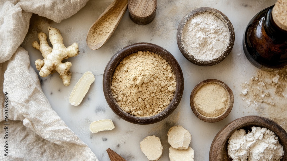Fototapeta premium A collection of natural, organic ingredients laid out on a table, highlighting the earthy tones of maca powder.