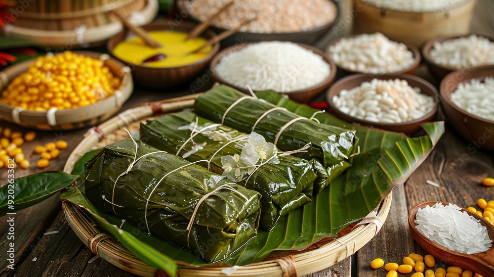 Tae Rice 1. A traditional Tet celebration display featuring sticky rice cakes ...