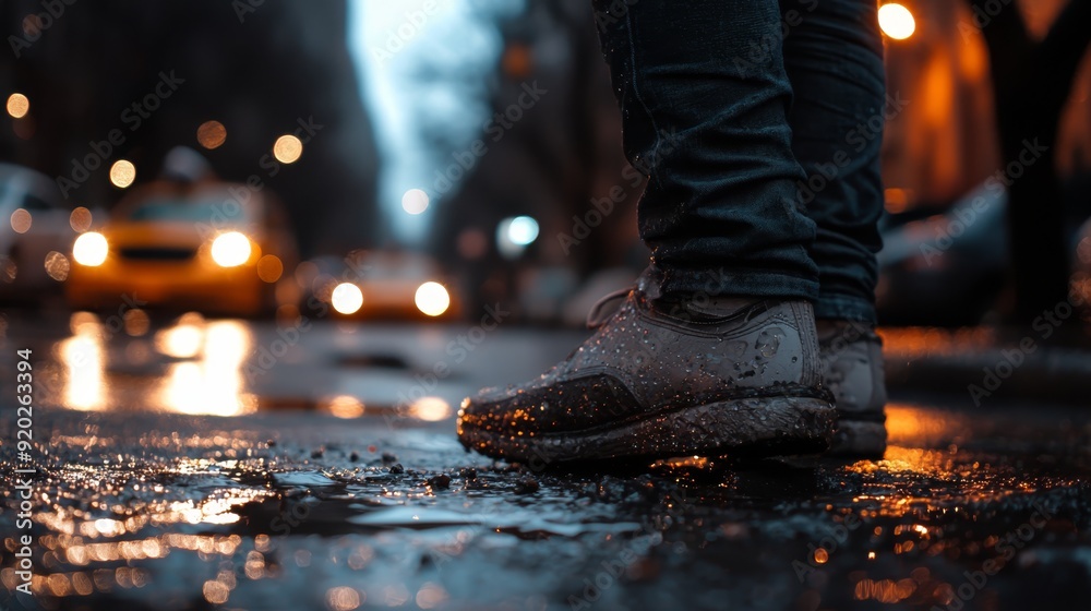 A tight shot of feet on a wet street, surrounded by cars in the background and rain puddles beneath A tight shot of feet on a wet street, surrounded by cars in the background and rain puddles beneath