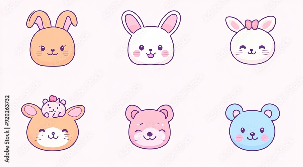 A set of cute animal icons in a vector illustration style with flat design A set of cute animal icons in a vector illustration style with flat design
